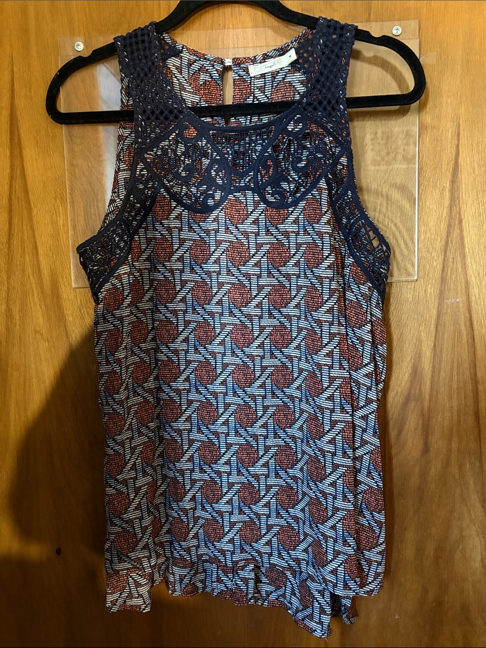 Hazel Sleeveless Crochet Yoke Printed Tank Top — Navy & Rust